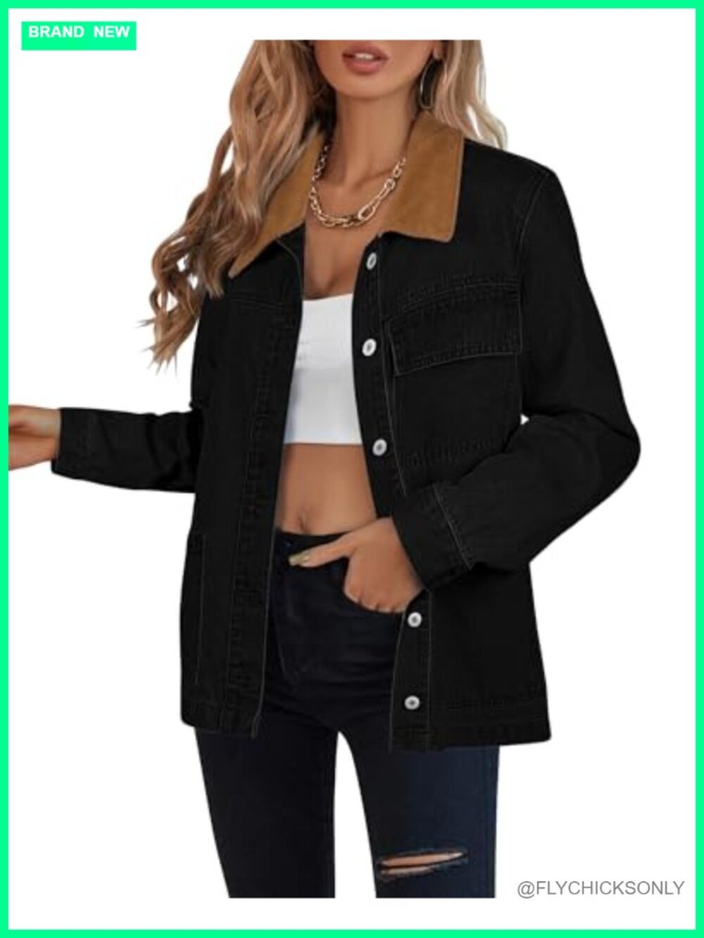 Women's Button Down Denim Jacket Contrast Corduroy Collar Loose Fit